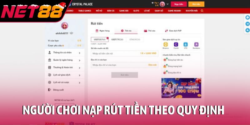 Người chơi nạp rút và nhận khuyến mãi theo quy định